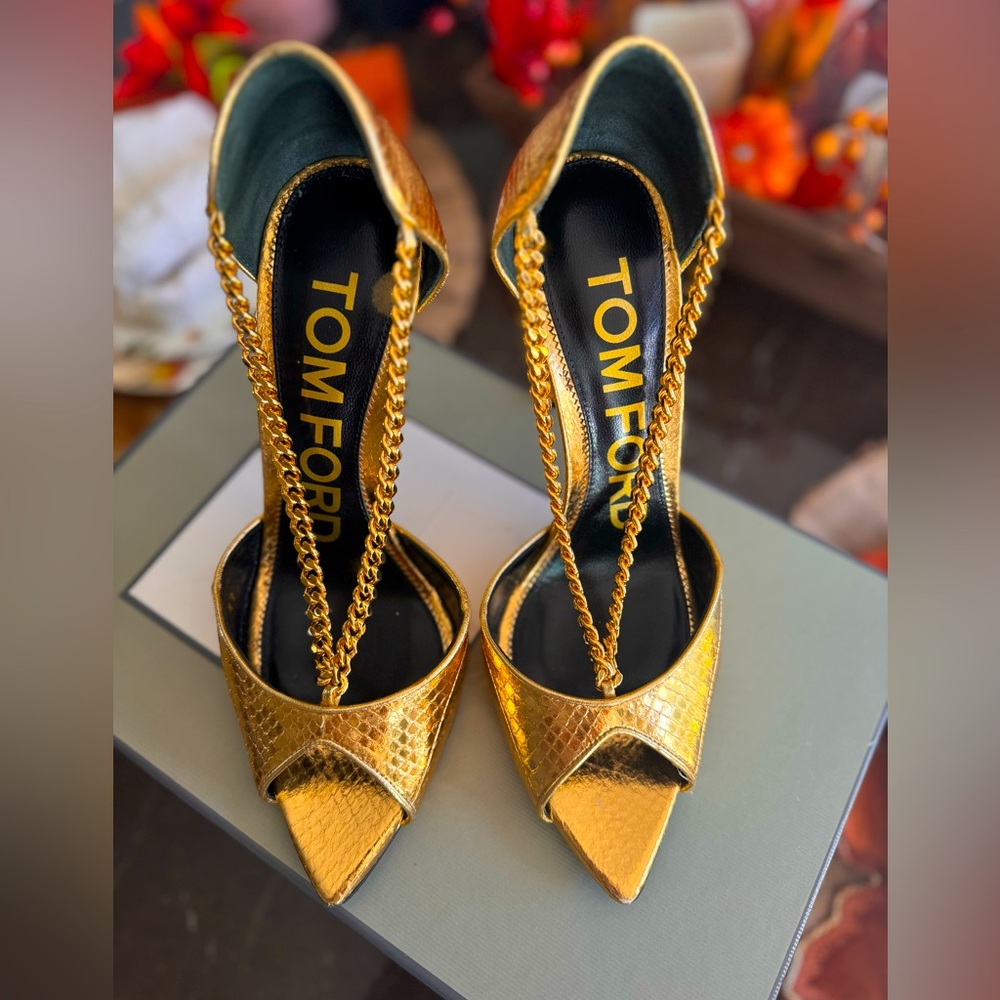 Tom Ford Gold Leather Animal Print Sandals